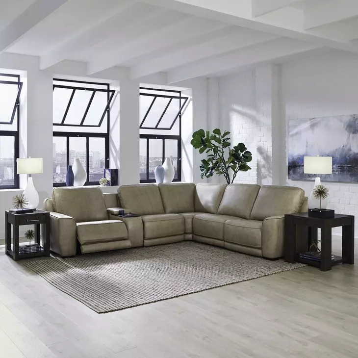 Weston Sophia Oatmeal Leather 6 Piece Modular Dual Power Zero Wall Reclining Sectional with LED and USB Charging