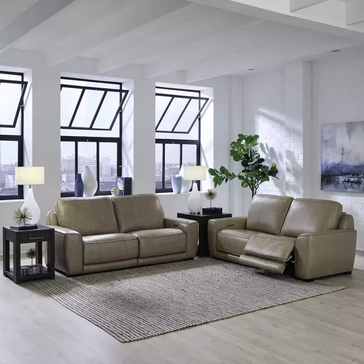 Weston Sophia Oatmeal Leather 88" Dual Power Zero Wall Reclining Sofa with Power Headrest and USB Charging