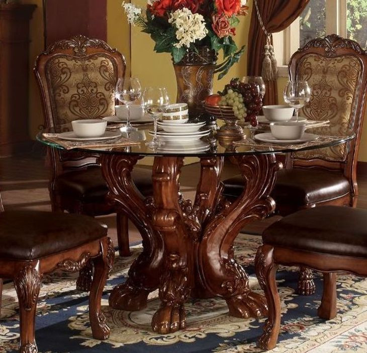 Dresden Cherry Oak 54" Round Glass Top Dining Table