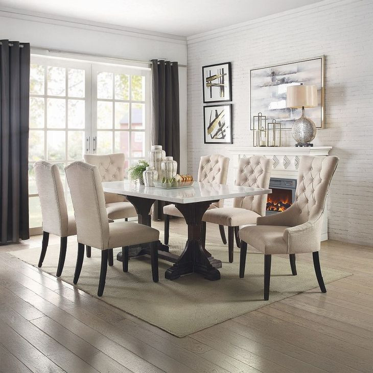 Gerardo White and Weathered Espresso Rectangular Marble Top Dining Room Set