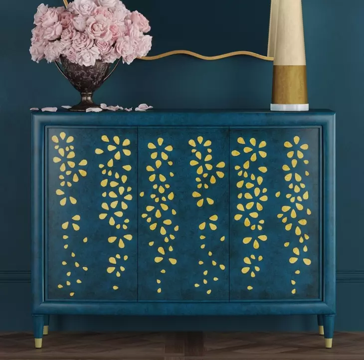 Argento Antique Blue and Gold Leaf 3 Door Accent Cabinet