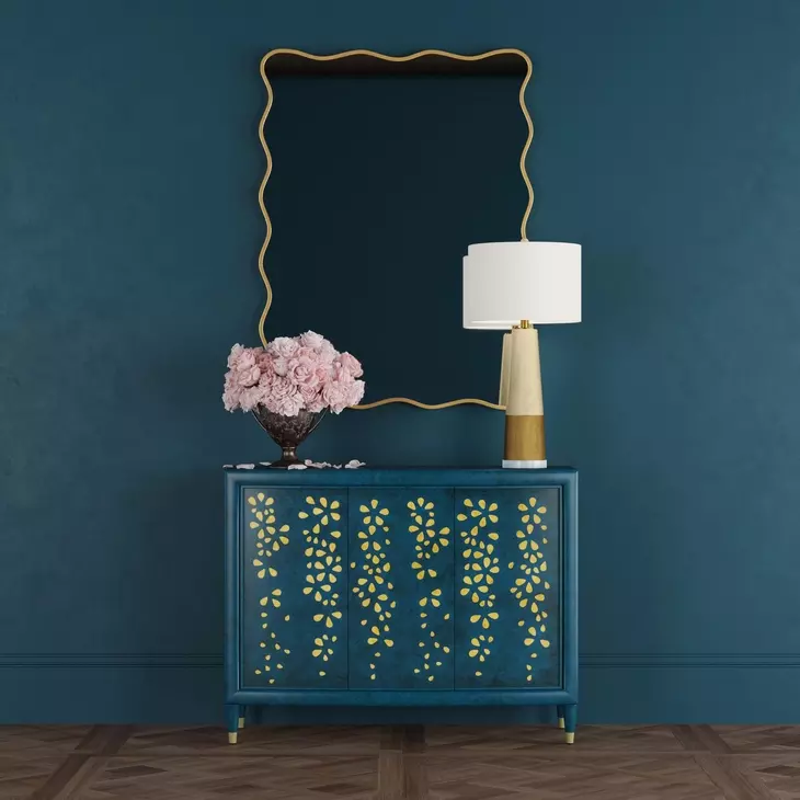 Argento Antique Blue and Gold Leaf 3 Door Accent Cabinet