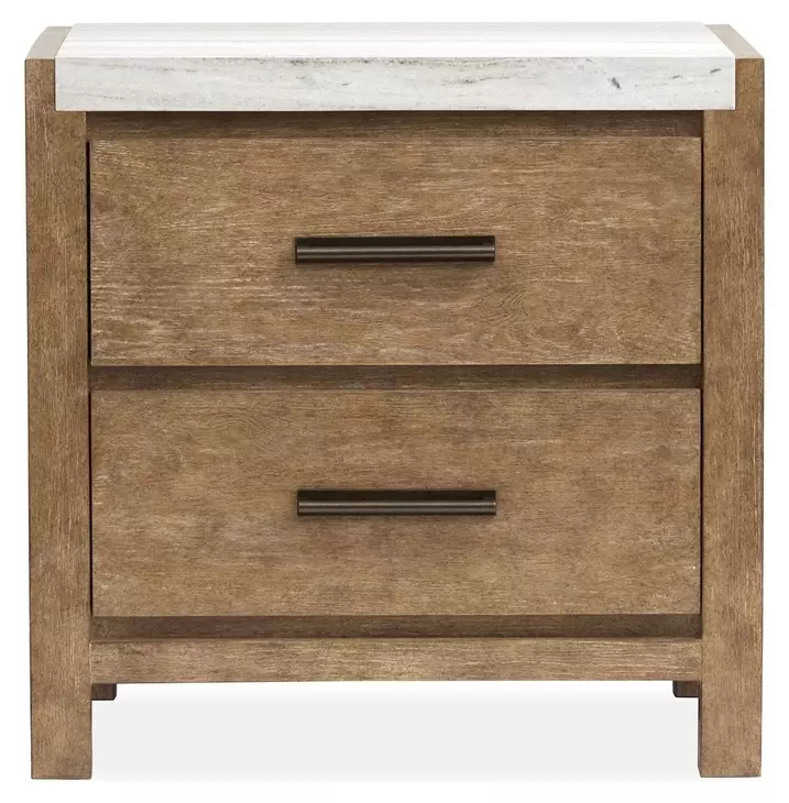Plum Creek Sierra Brown and White 2 Drawer Marble Top Nightstand with USB Charging