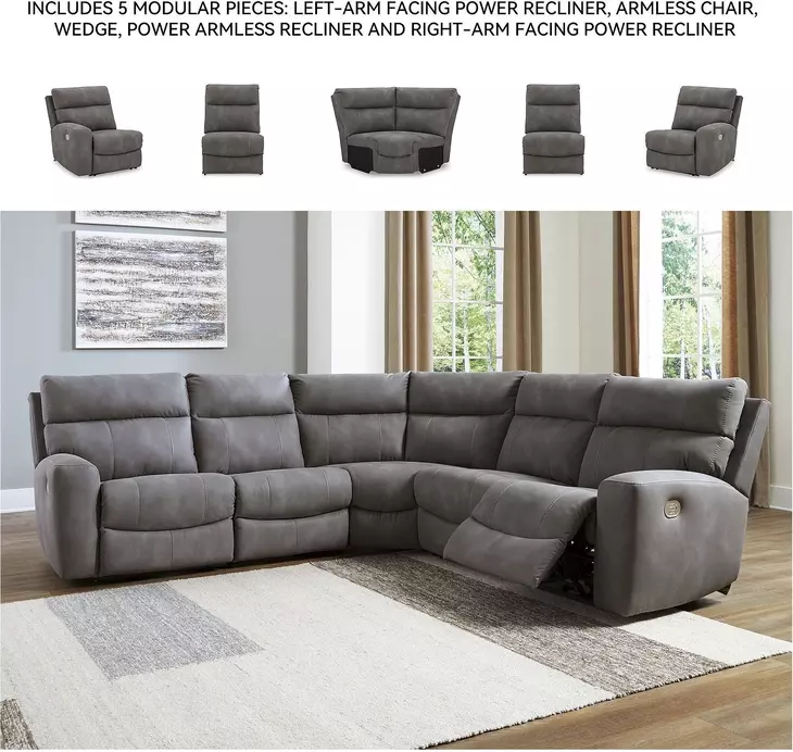 Next-Gen DuraPella Slate 5 Piece Performance Fabric Power Reclining Sectional