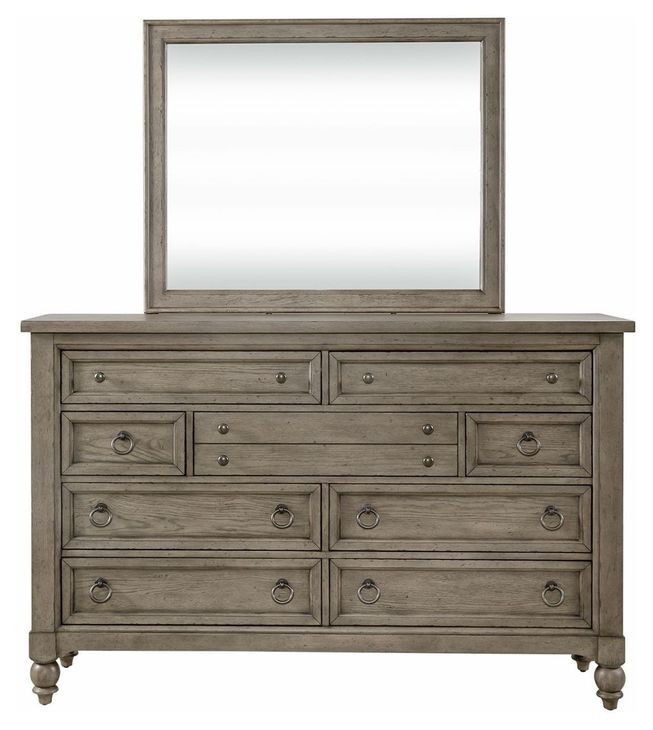 Americana Farmhouse Dusty Taupe and Black 9 Drawer Dresser with Mirror