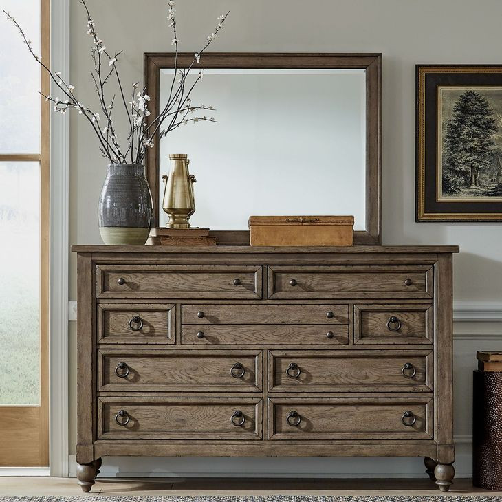 Americana Farmhouse Dusty Taupe and Black 9 Drawer Dresser with Mirror