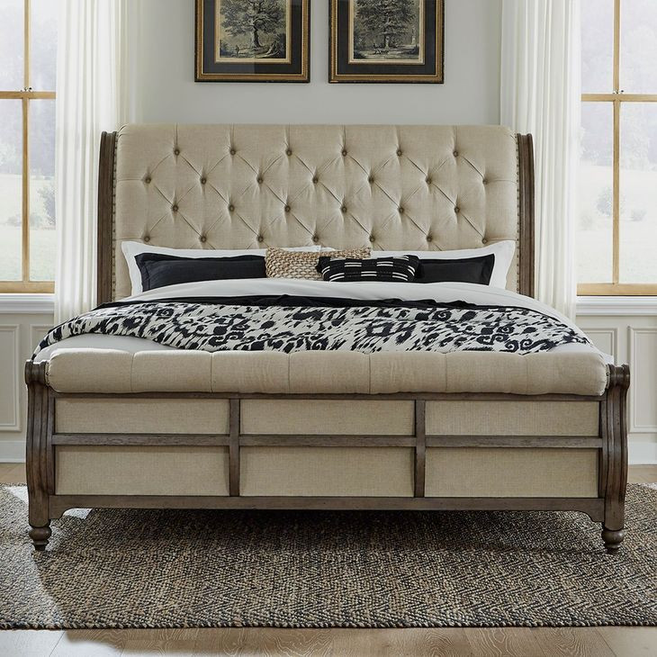 Americana Farmhouse Dusty Taupe and Black California King Upholstered Sleigh Bed with Nailhead Trim