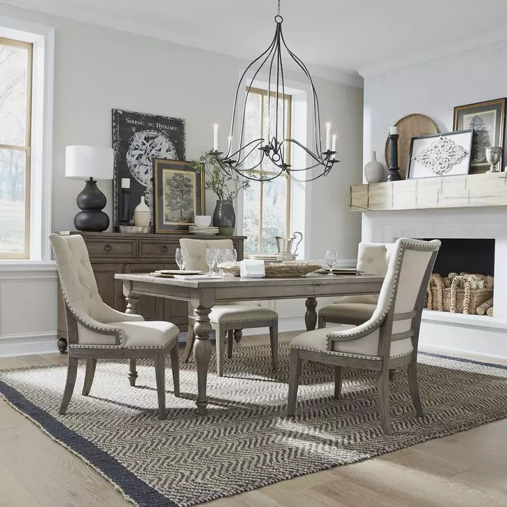 Americana Farmhouse Dusty Taupe and Brown Upholstered 5 Piece Extendable Dining Set with Nailhead Trim