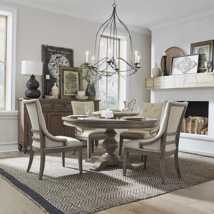 Americana Farmhouse Dusty Taupe and Brown Upholstered 5 Piece Dining Set with Nailhead Trim