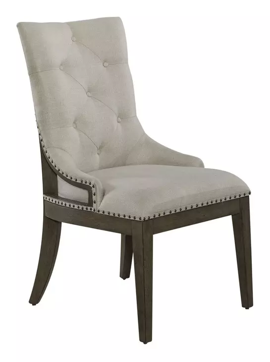 Americana Farmhouse Dusty Taupe and Brown Upholstered 5 Piece Extendable Trestle Dining Set with Nailhead Trim