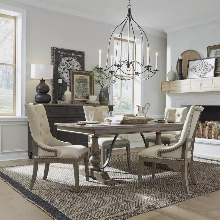 Americana Farmhouse Dusty Taupe and Brown Upholstered 5 Piece Extendable Trestle Dining Set with Nailhead Trim