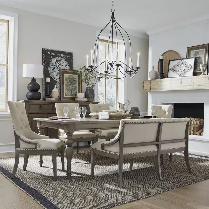 Americana Farmhouse Dusty Taupe and Brown Upholstered 6 Piece Extendable Dining Set with Nailhead Trim
