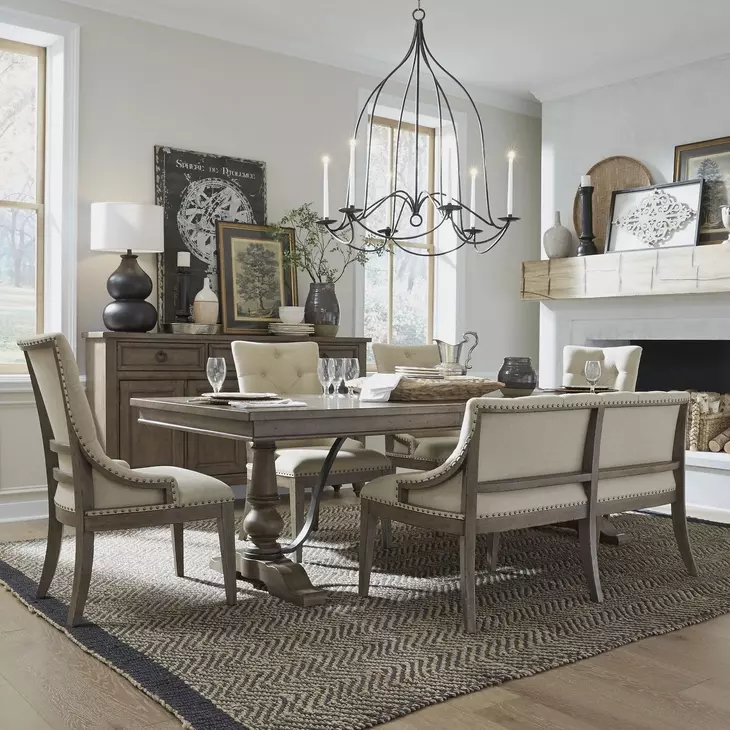 Farmstead Living Dusty Taupe and Brown Upholstered 6 Piece Extendable Trestle Base Dining Set with Nailhead Trim