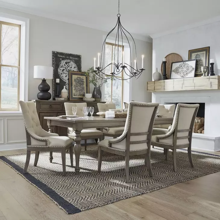 Farmstead Living Dusty Taupe and Brown Upholstered 7 Piece Extendable Dining Set with Nailhead Trim