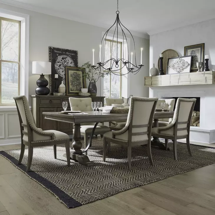 Farmstead Living Dusty Taupe and Brown Upholstered 7 Piece Extendable Trestle Base Dining Set with Nailhead Trim