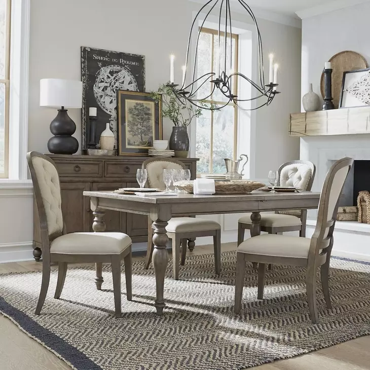 Americana Farmhouse Dusty Taupe and Brown Upholstered 5 Piece Extendable Leg Base Dining Set with Nailhead Trim
