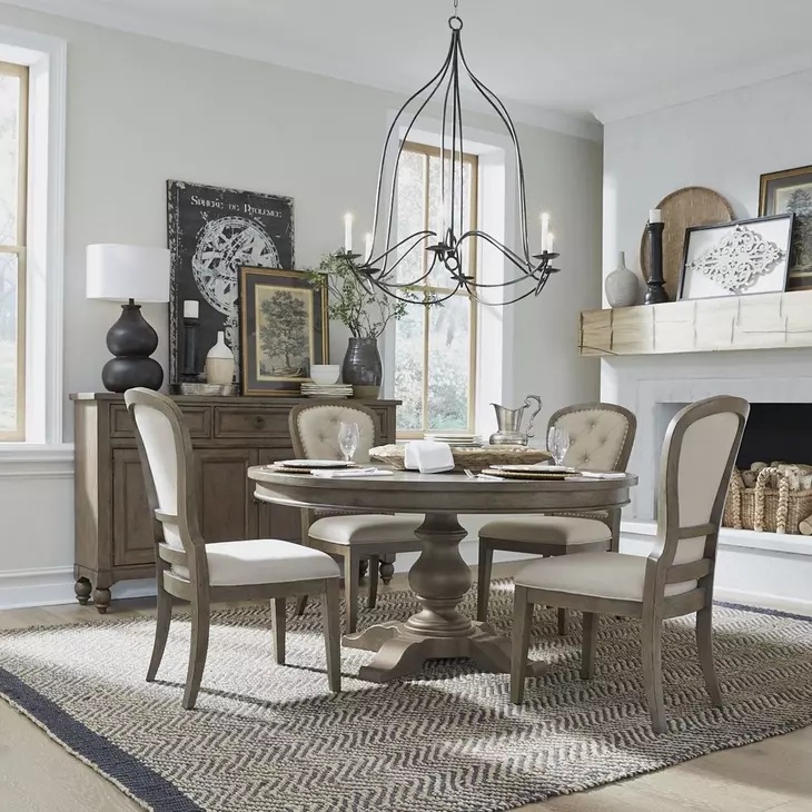 Americana Farmhouse Dusty Taupe and Brown 5 Piece Dining Set with Nailhead Trim