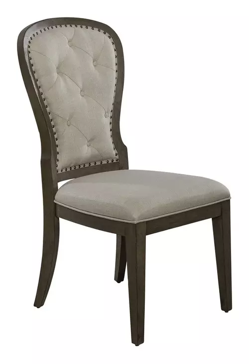 Americana Farmhouse Dusty Taupe and Brown Upholstered 5 Piece Extendable Rectangular Dining Set with Nailhead Trim
