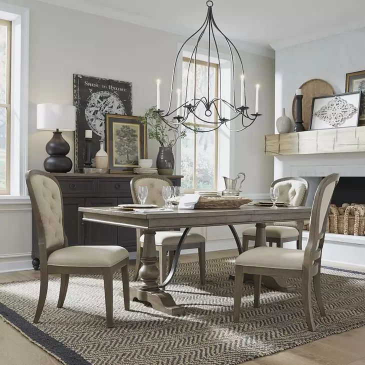 Americana Farmhouse Dusty Taupe and Brown Upholstered 5 Piece Extendable Rectangular Dining Set with Nailhead Trim