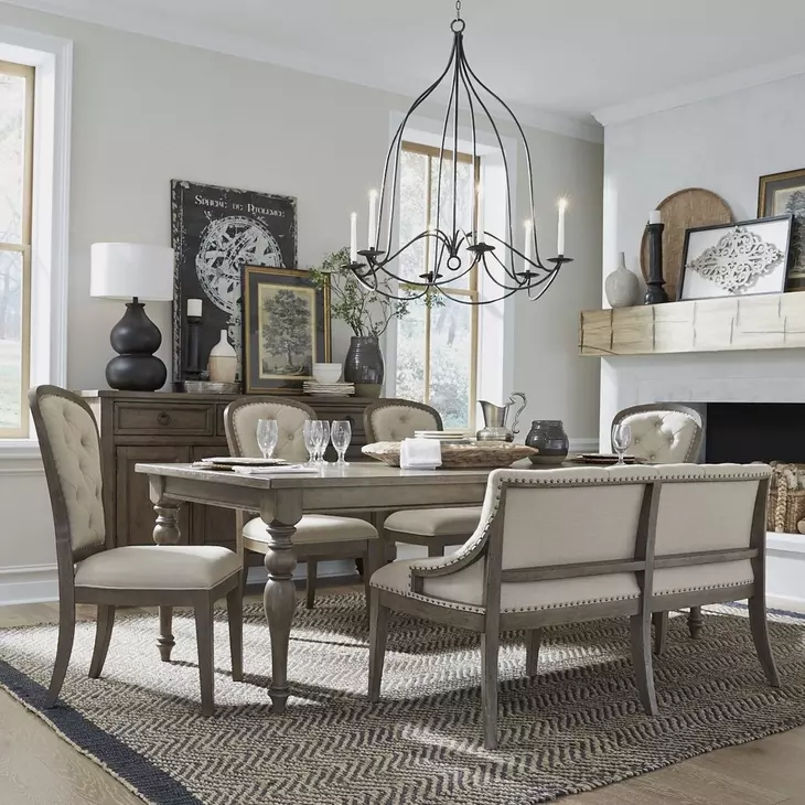 Americana Farmhouse Dusty Taupe and Brown Upholstered 6 Piece Extendable Leg Base Dining Set with Nailhead Trim