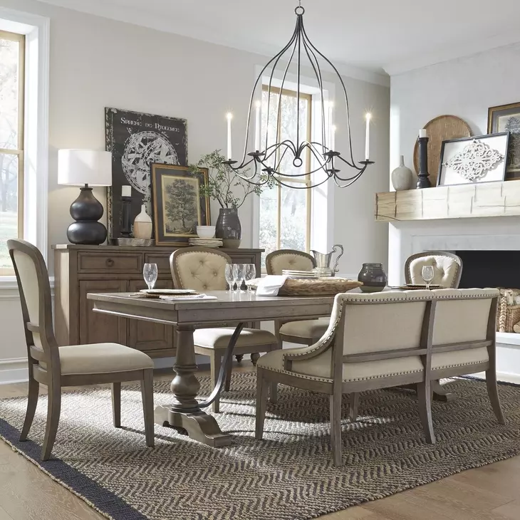 Americana Farmhouse Dusty Taupe and Brown Upholstered 6 Piece Extendable Rectangular Dining Set with Nailhead Trim