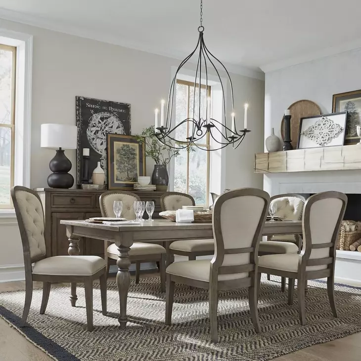 Farmstead Living Dusty Taupe and Brown Upholstered 7 Piece Extendable Rectangular Leg Dining Set with Nailhead Trim
