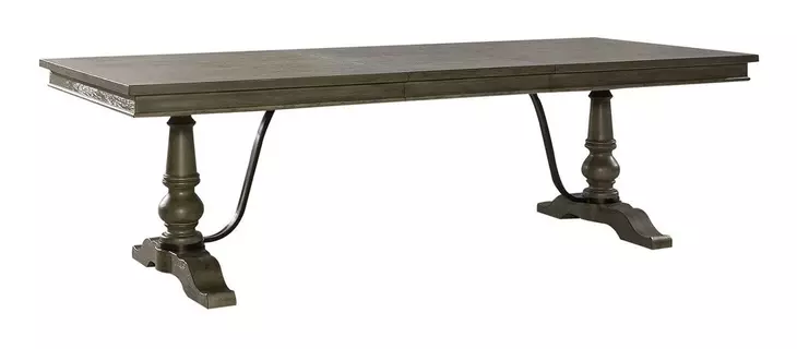 Americana Farmhouse Dusty Taupe and Brown Upholstered 7 Piece Extendable Rectangular Trestle Base Dining Set with Nailhead Trim