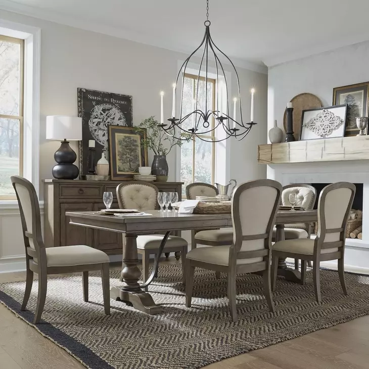 Americana Farmhouse Dusty Taupe and Brown Upholstered 7 Piece Extendable Rectangular Trestle Base Dining Set with Nailhead Trim