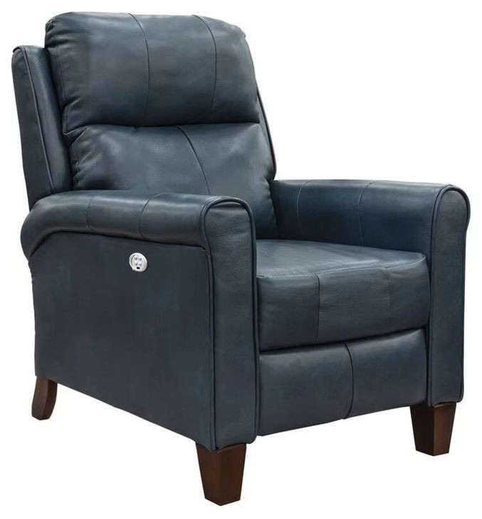 Pep Talk Blue Leather Power Recliner and USB Charging with Nailhead Trim