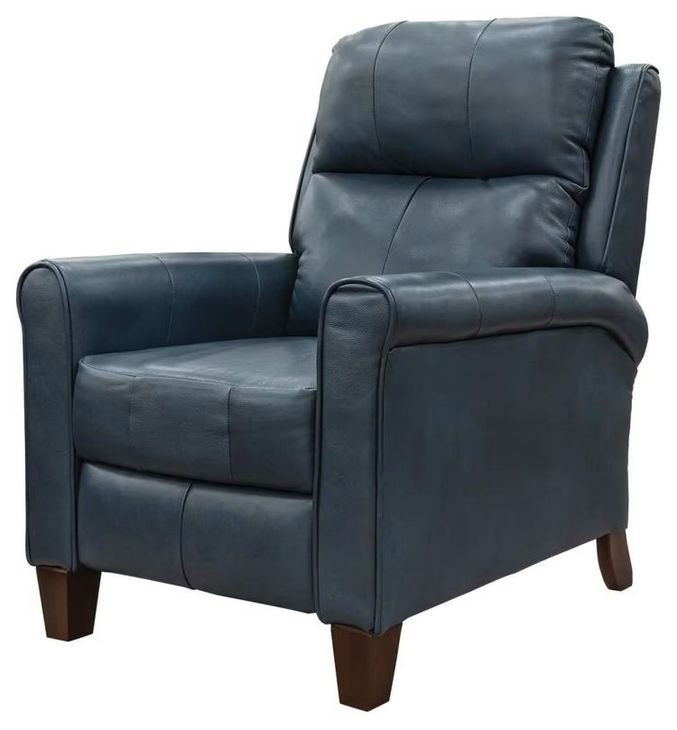 Pep Talk Blue Leather Power Recliner and USB Charging with Nailhead Trim
