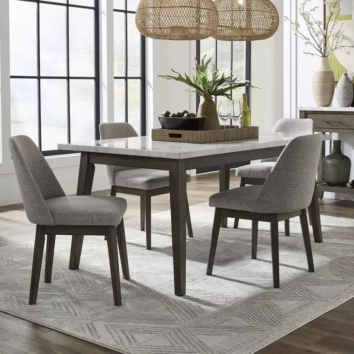 Edison Brownstone and Gray Wash Upholstered 5 Piece Faux White Marble Top Dining Set