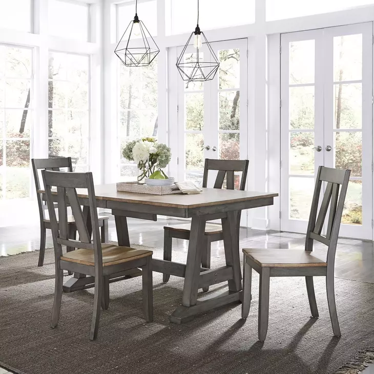 Harvest Fields Gray and Sandstone 5 Piece Extendable Trestle Dining Set