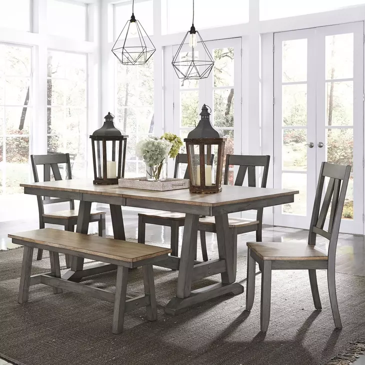 Harvest Fields Gray and Sandstone 6 Piece Extendable Trestle Dining Set