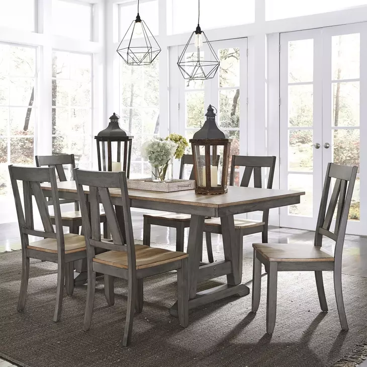 Harvest Fields Gray and Sandstone 7 Piece Extendable Trestle Dining Set