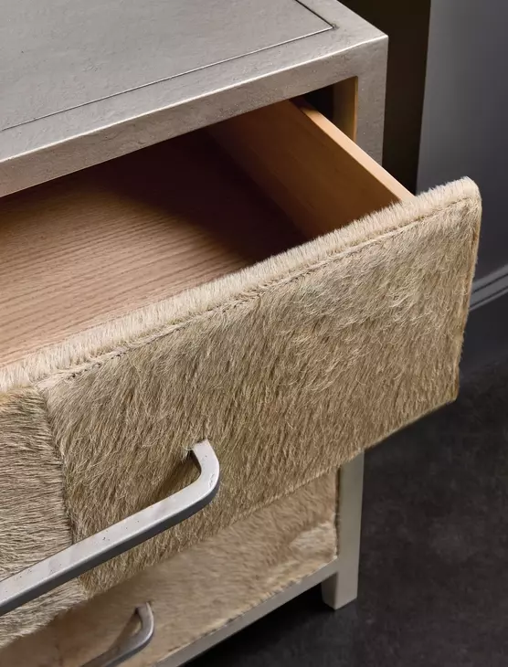 Melange Beige and Gray Upholstered 3 Drawer Accent Chest