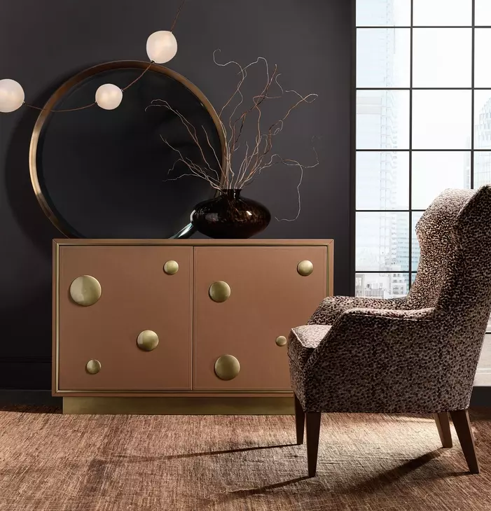 Melange Brown and Gold Upholstered 2 Door Hall Chest