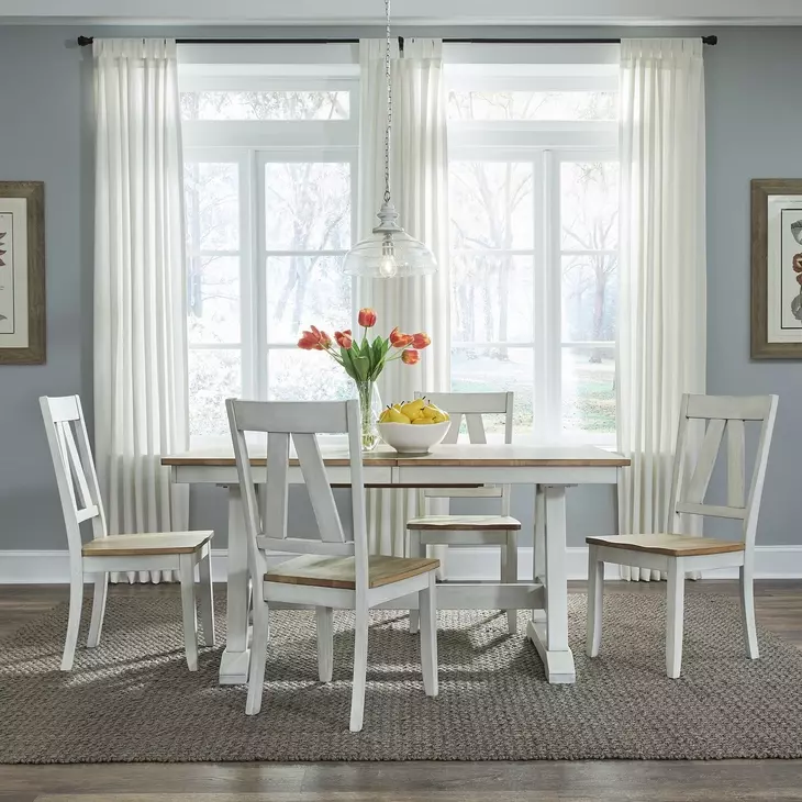 Harvest Fields Weathered White and Sandstone 5 Piece Extendable Trestle Dining Set
