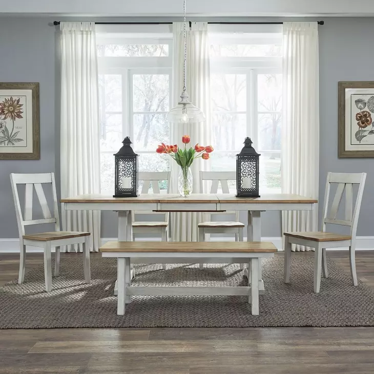 Harvest Fields Weathered White and Sandstone 6 Piece Extendable Trestle Dining Set