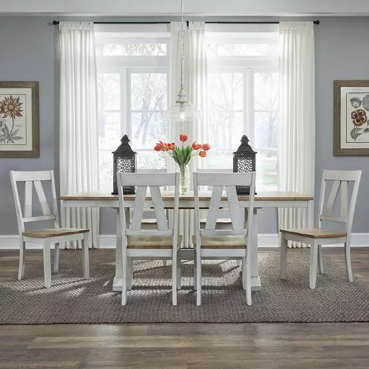 Harvest Fields Weathered White and Sandstone 7 Piece Extendable Trestle Base Dining Set