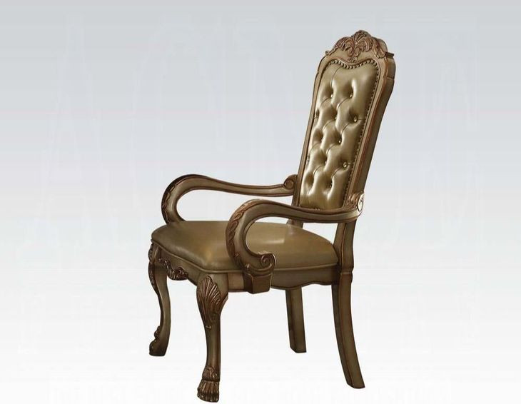 Dresden Gold Patina Upholstered Arm Chair with Nailhead Trim Set of 2