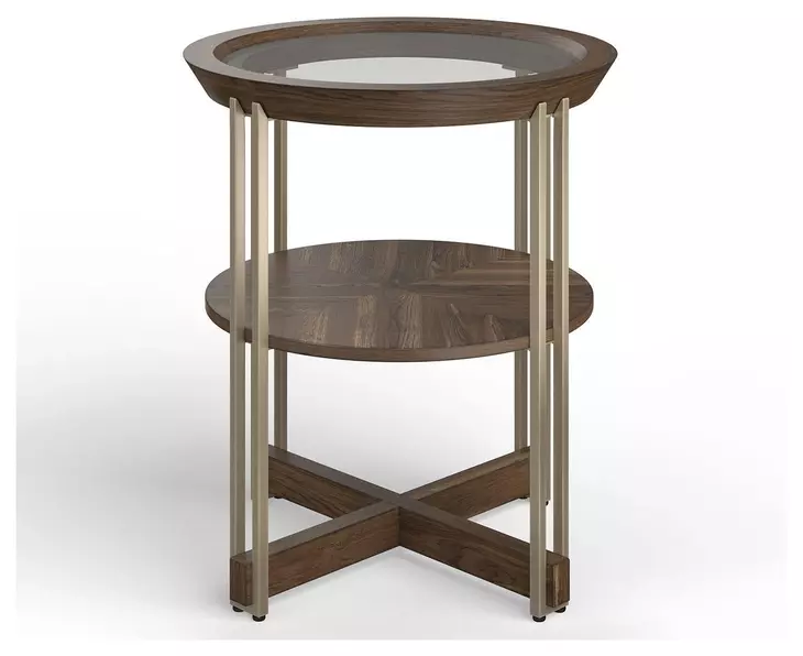 Kingsmere Walnut and Tarnished Silver Round Glass Top End Table