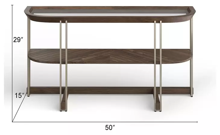 Kingsmere Walnut and Tarnished Silver Demilune Glass Top Sofa Table