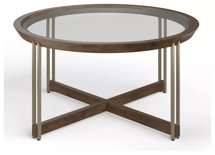 Kingsmere Walnut and Tarnished Silver Round Glass Top Cocktail Table