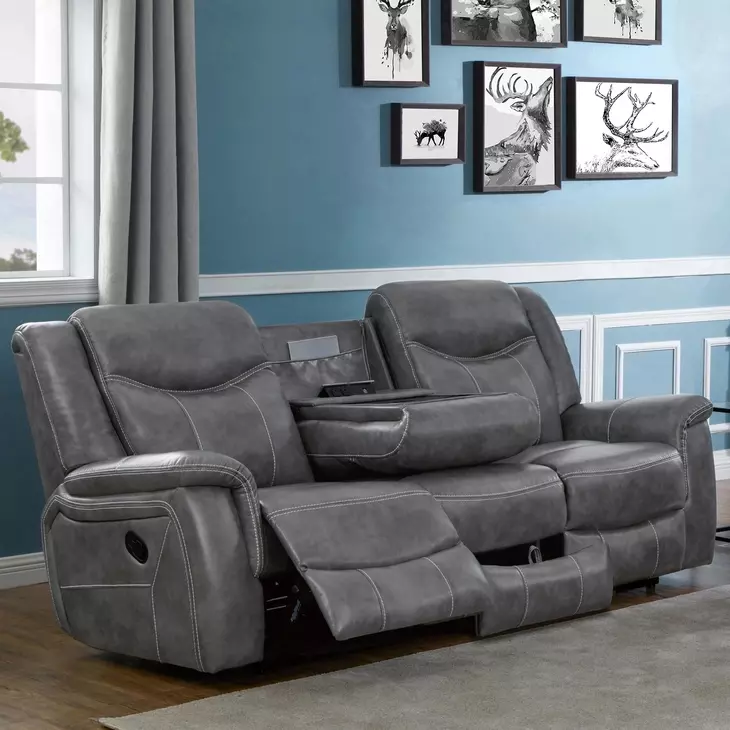 Conrad Gray 88" Reclining Sofa With Drop Down Table