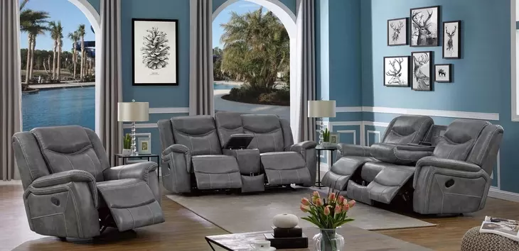 Conrad Gray 88" Reclining Sofa With Drop Down Table
