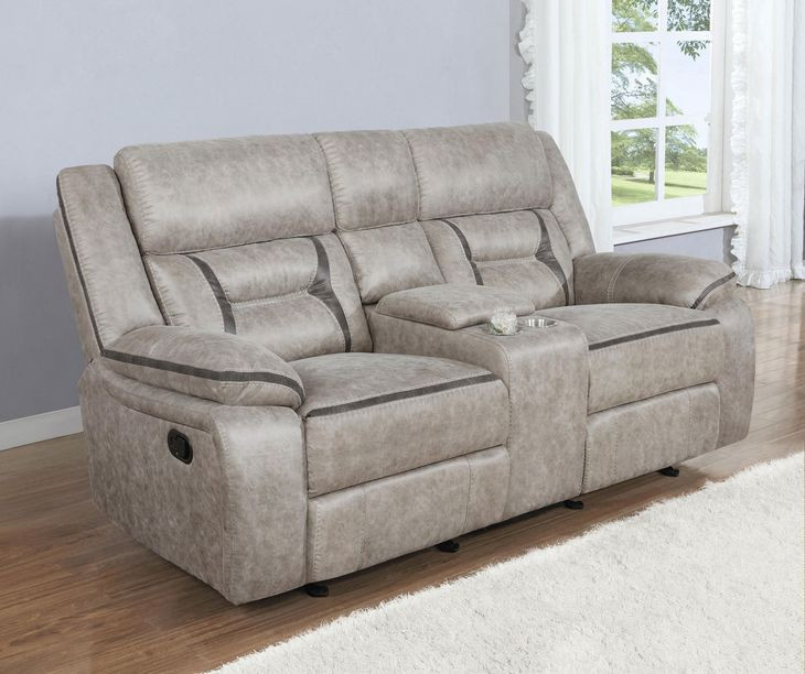 Greer Taupe Glider Reclining Console Loveseat