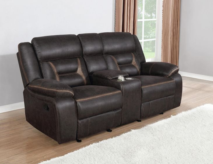 Greer Dark Brown Glider Reclining Console Loveseat