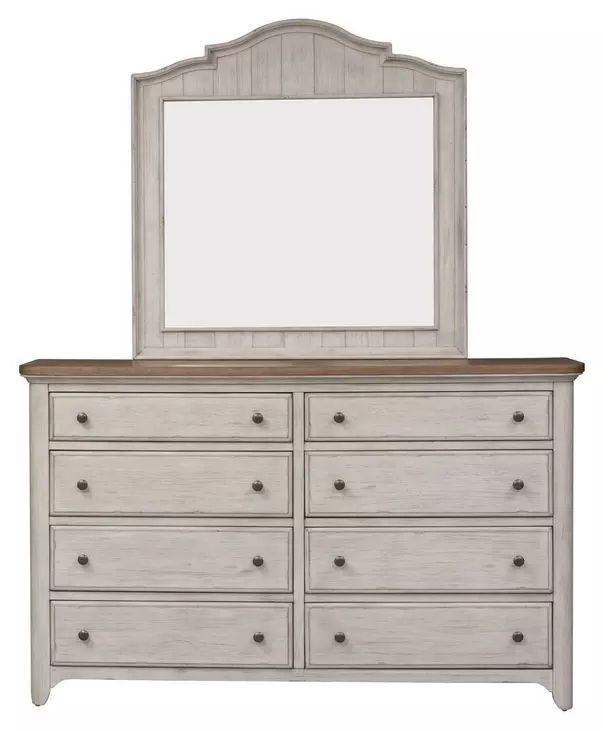 Farmhouse Reimagined Antique White and Chestnut 8 Drawer Dresser with Mirror