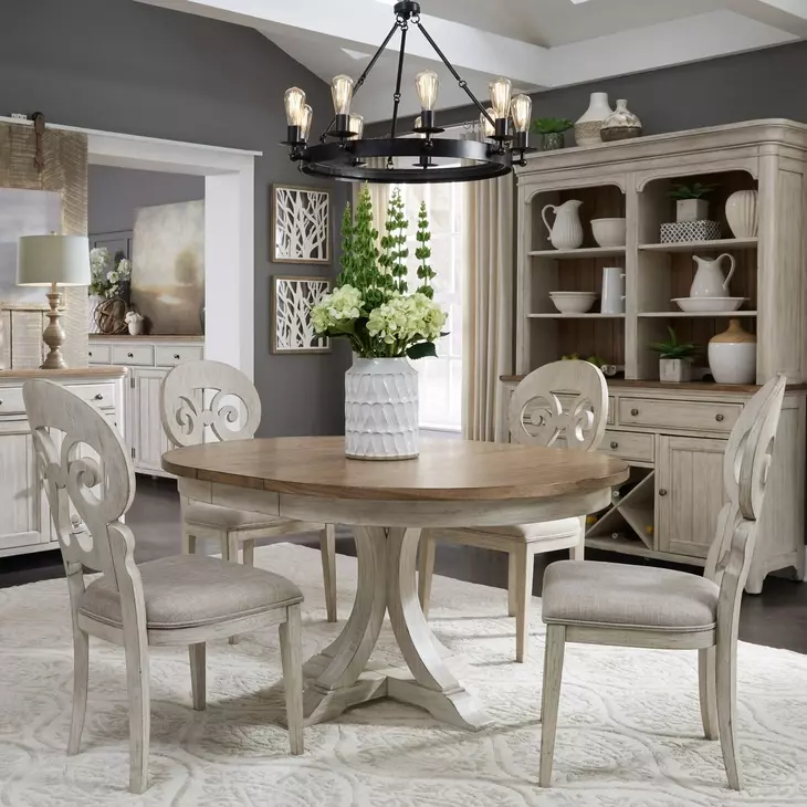 Renewed Farmhouse Antique White and Chestnut Upholstered 5 Piece Extendable Pedestal Base Dining Set