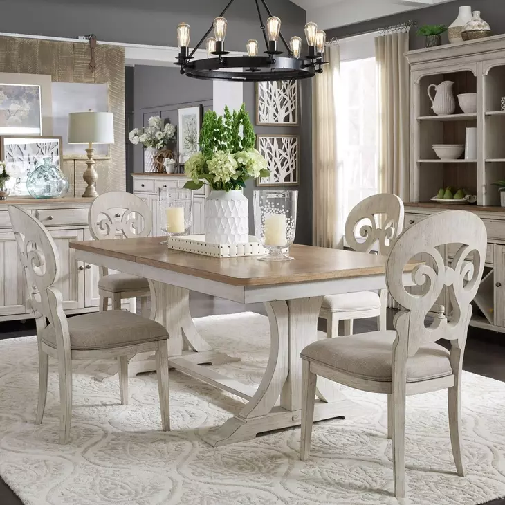 Farmhouse Reimagined Antique White and Chestnut Upholstered 5 Piece Extendable Trestle Base Dining Set